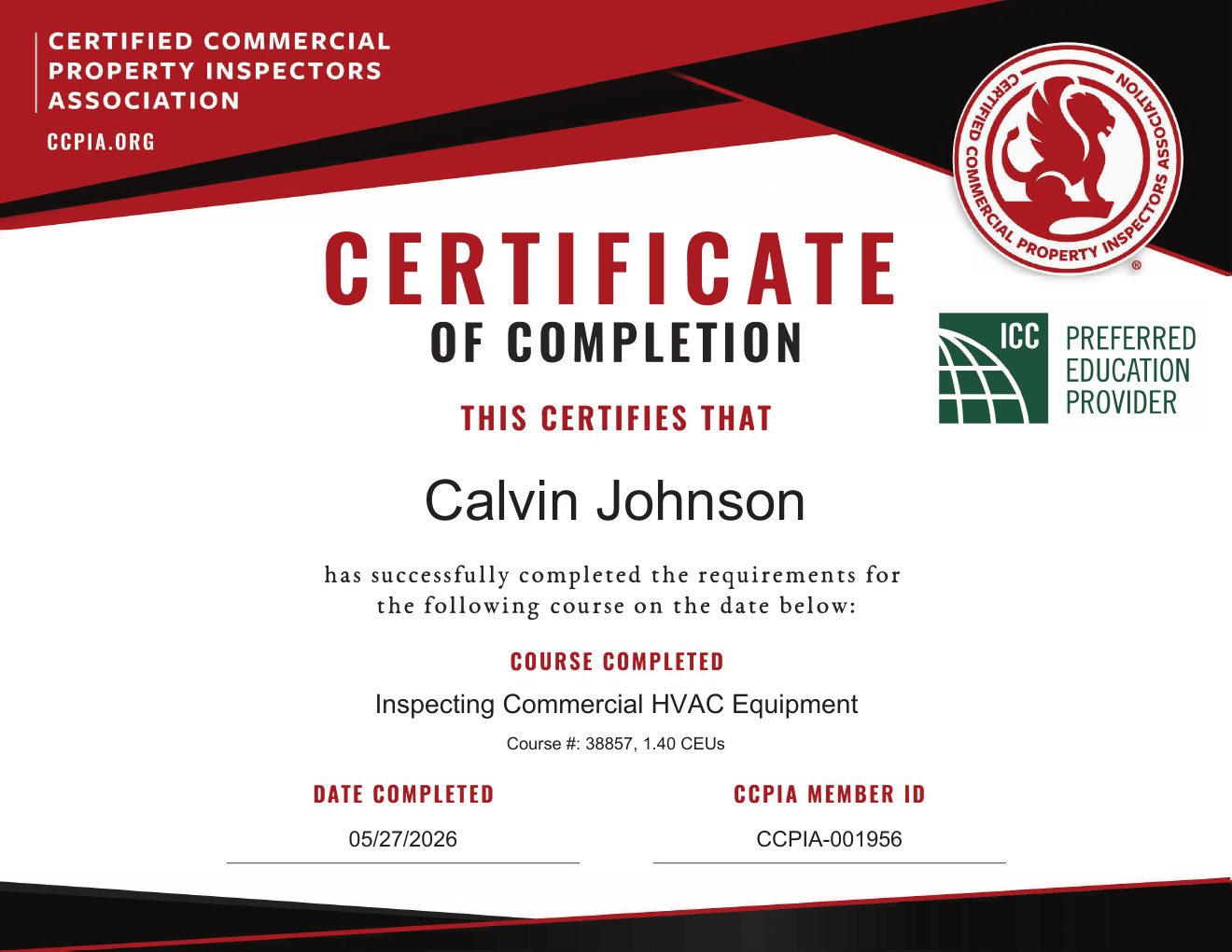Inspecting Commercial HVAC Equipment certificate awarded to Calvin Johnson