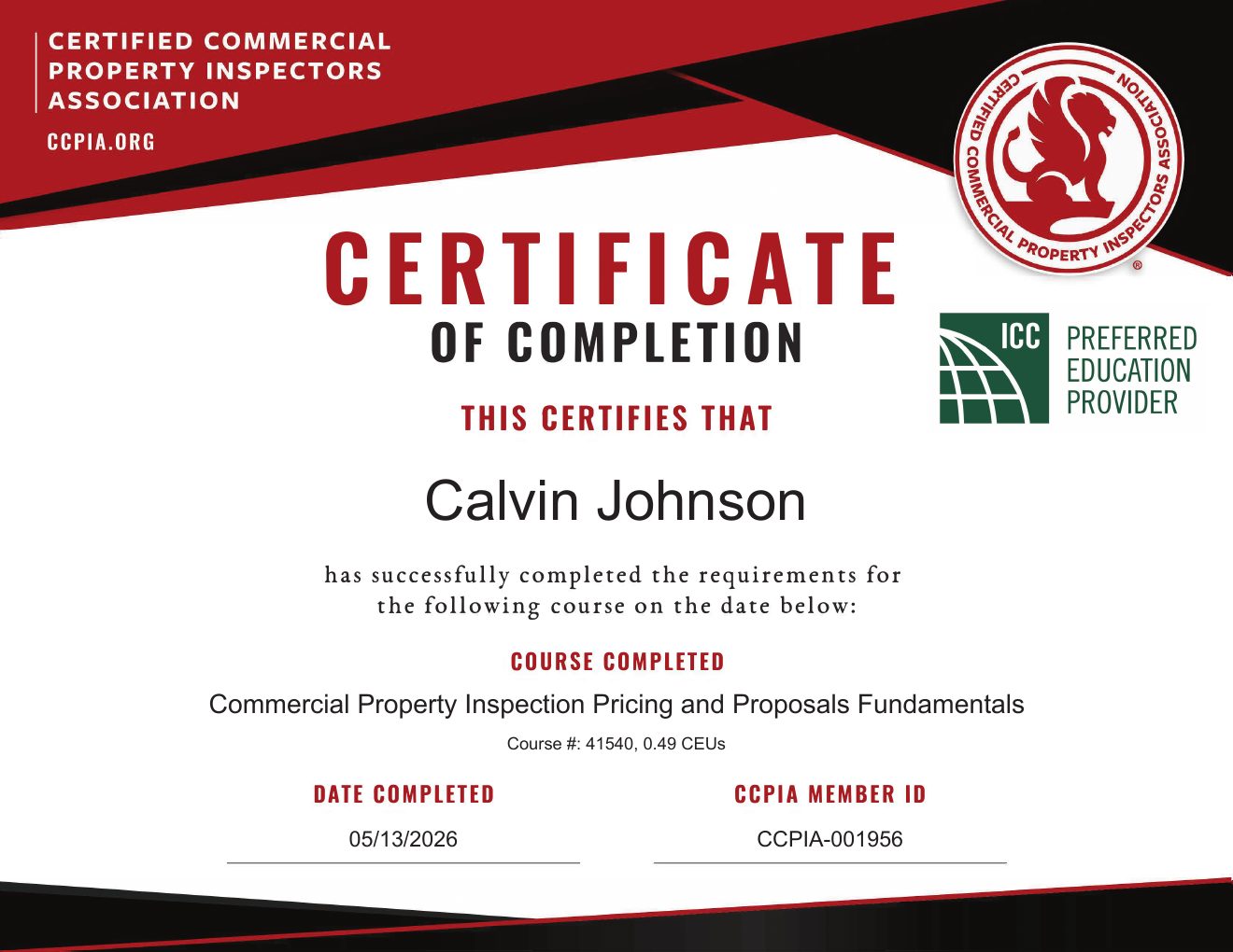 Commercial Property Inspection Pricing & Proposals Fundamentals certificate awarded to Calvin Johnson