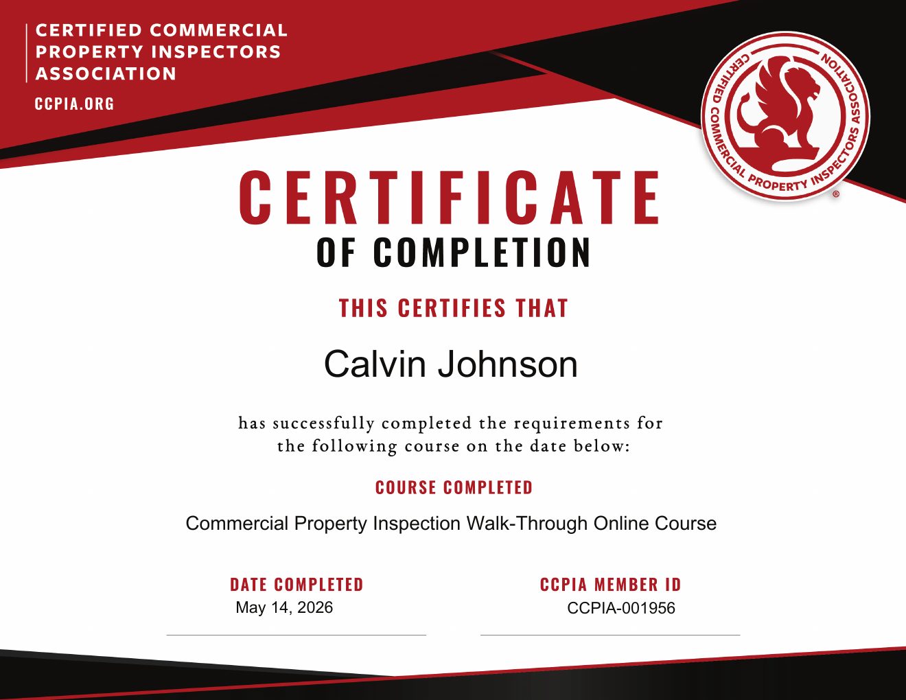 Commercial Property Inspection Walk-Through certificate awarded to Calvin Johnson