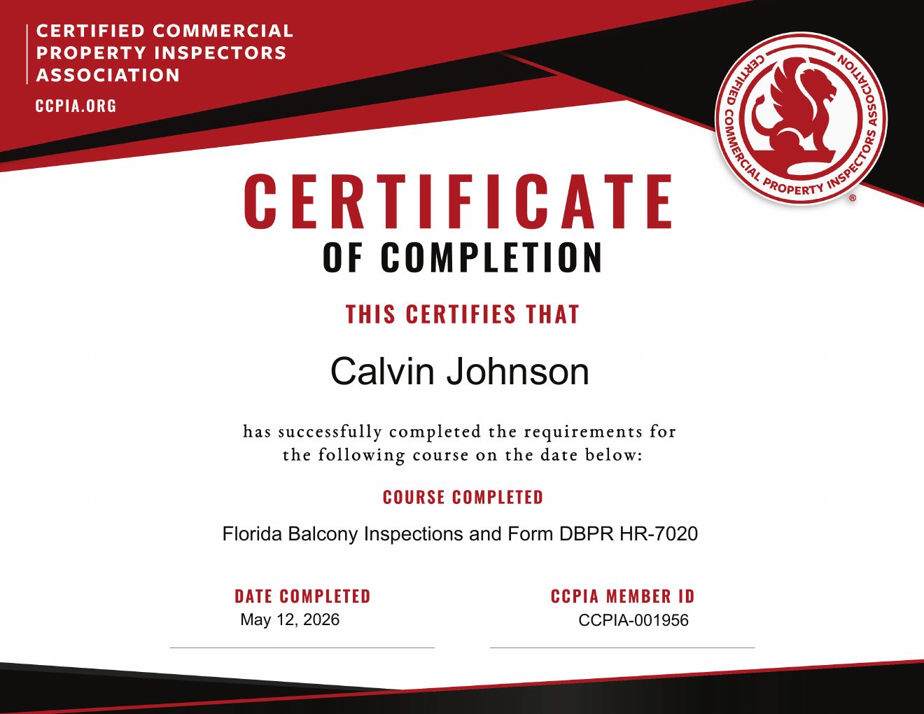 Florida Balcony Inspections & Form DBPR HR-7020 certificate awarded to Calvin Johnson