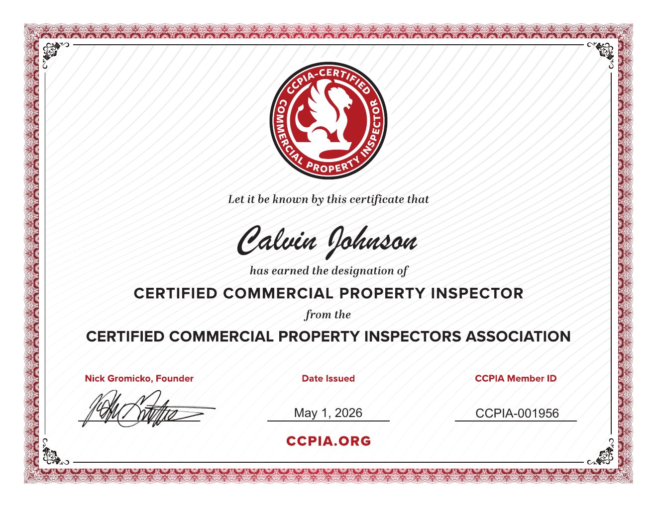 Certified Commercial Property Inspector (CCPIA Designation) certificate awarded to Calvin Johnson