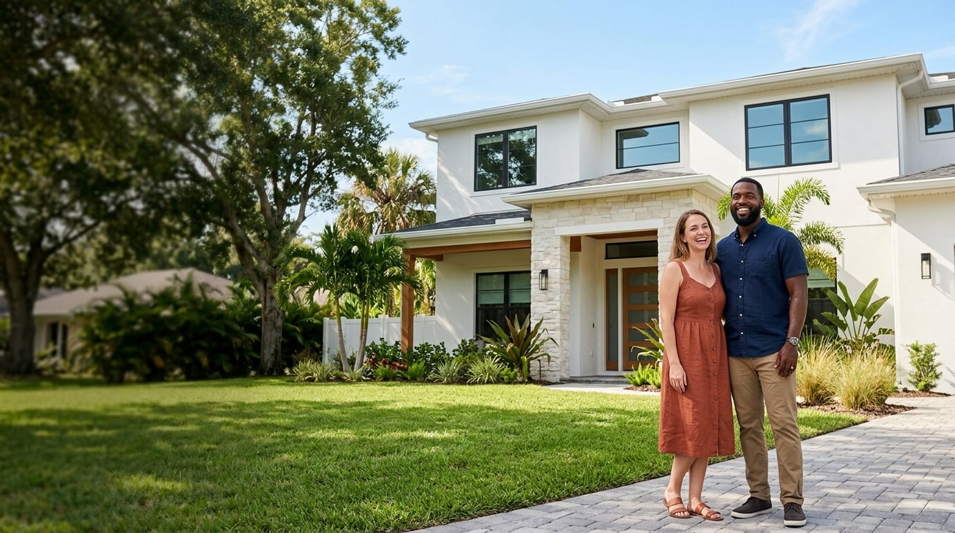 Happy Florida homeowners standing in front of their beautiful home