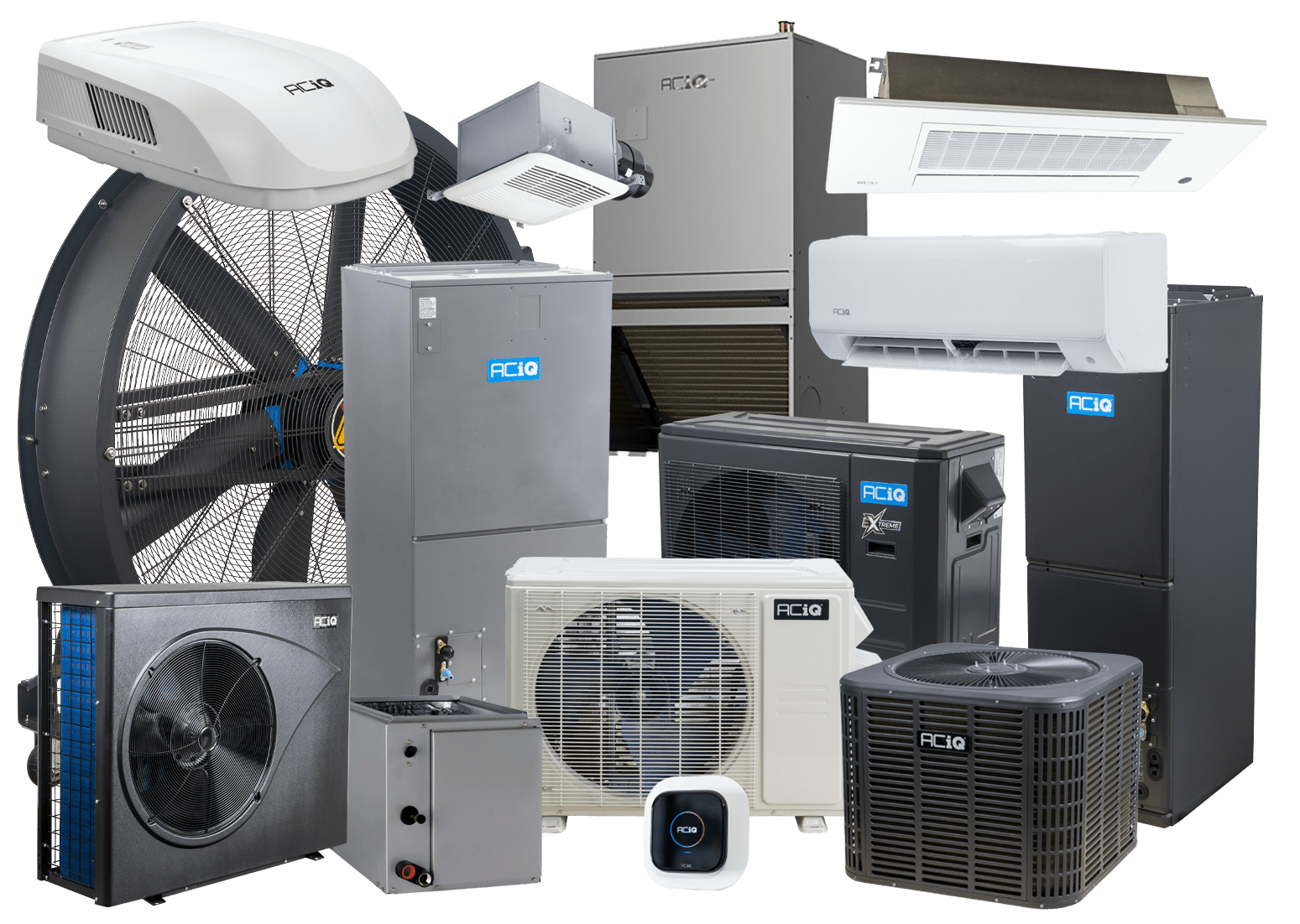 ACiQ product family: mini splits, air handlers, condensers, PTAC, fans and heat pumps