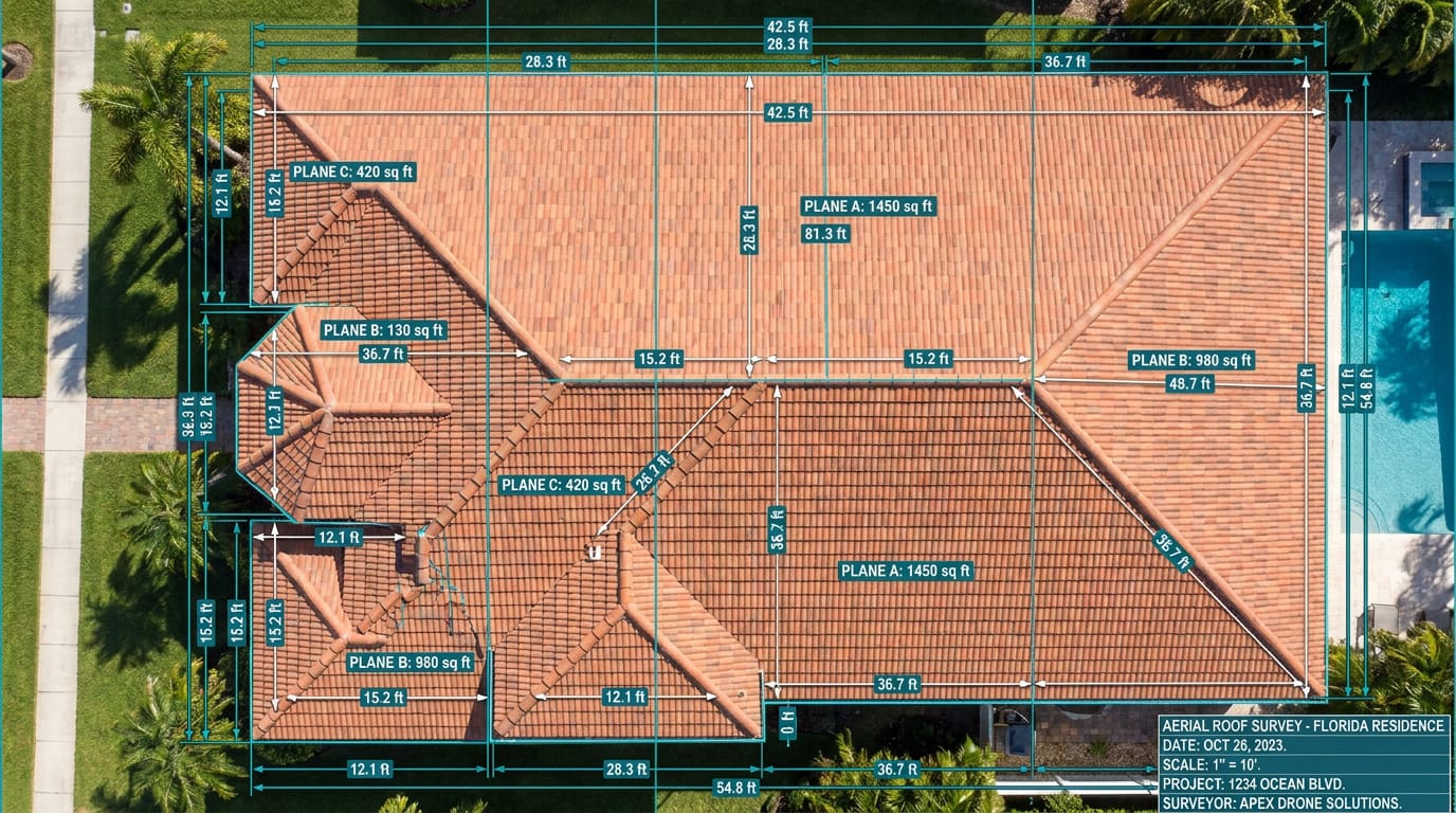 Aerial roof with measurement annotations and per-plane dimensions
