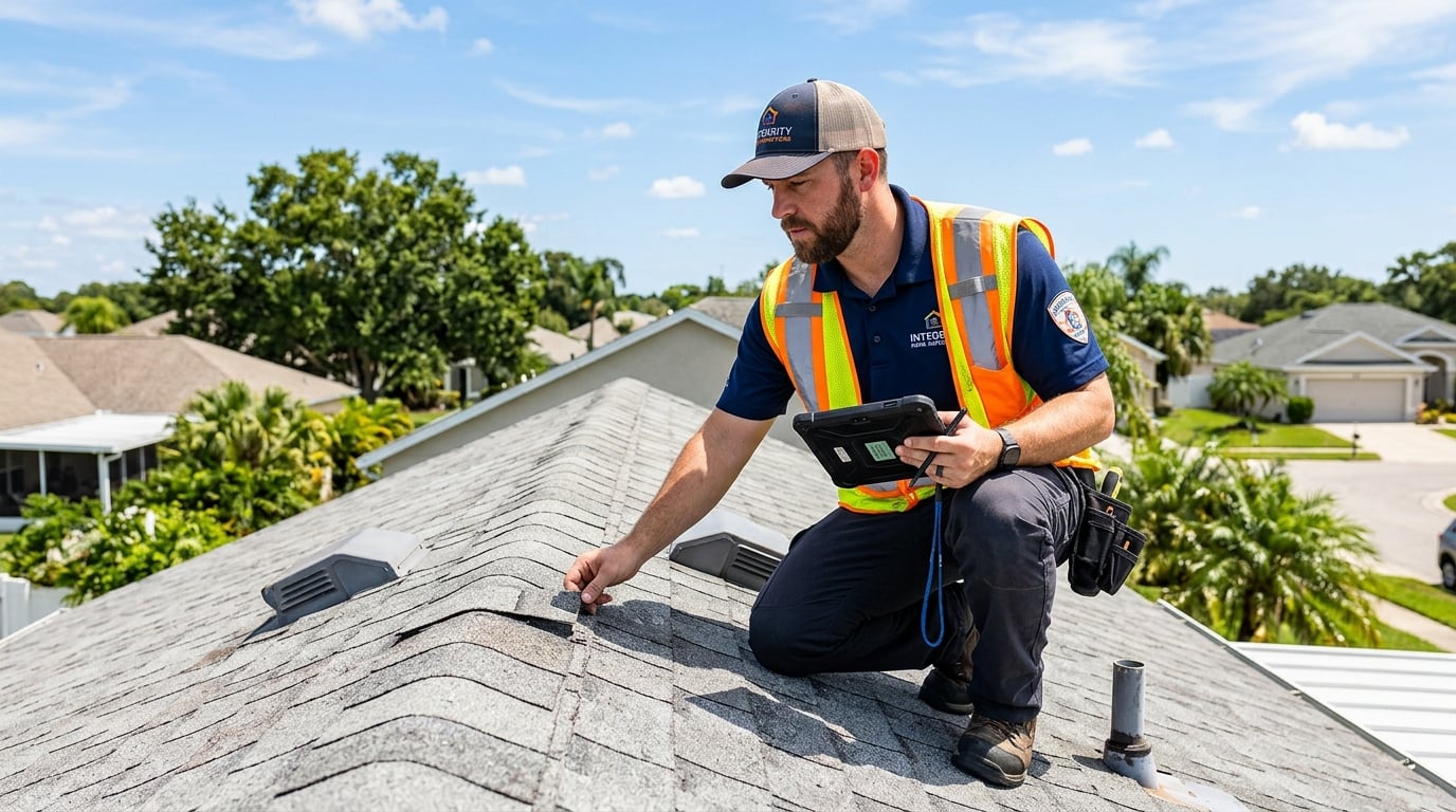Licensed home inspector on a roof documenting condition and remaining useful life on a tablet