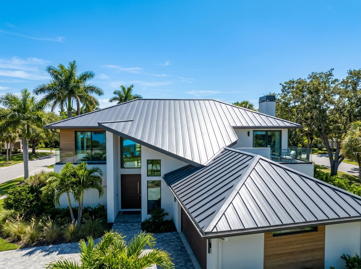 Standing seam metal roof on a Florida home reflecting sunlight
