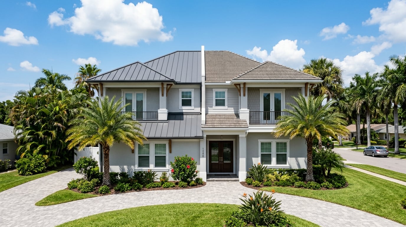 Split comparison of a standing seam metal roof and an asphalt shingle roof on Florida homes