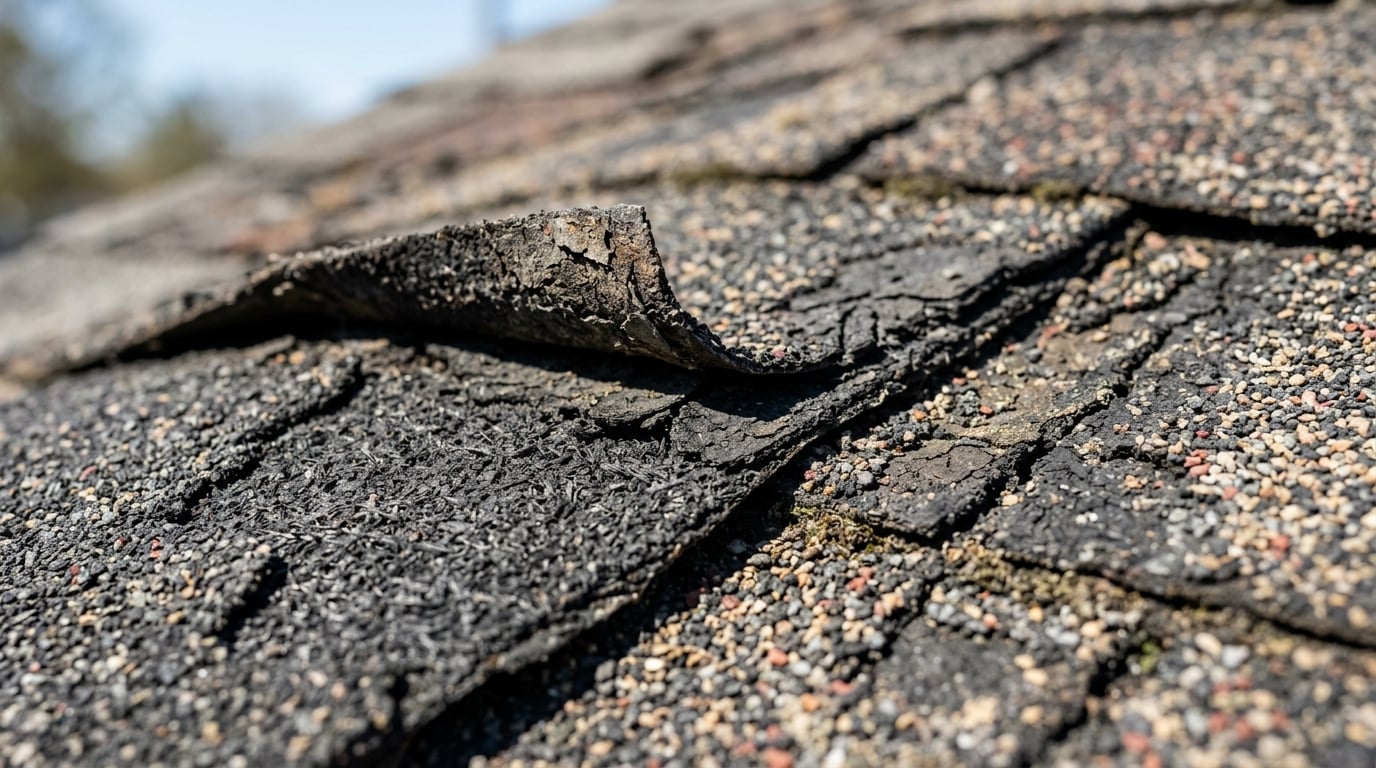 Close-up of weathered asphalt shingles showing granule loss and aging that an underwriter would flag