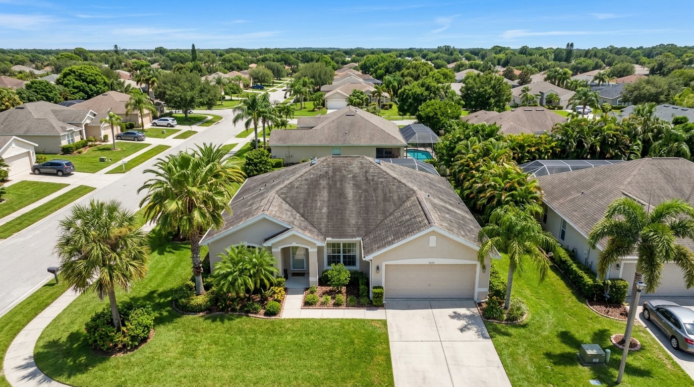 Aerial view of an aging but intact asphalt shingle roof on a Florida home with no visible leaks