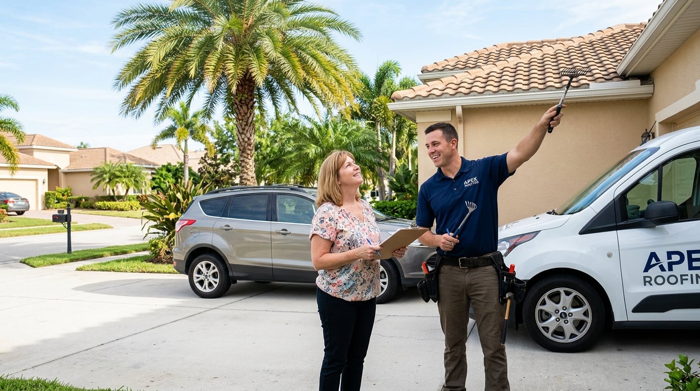 A roofing contractor discussing roof life expectancy with a homeowner in a Florida driveway