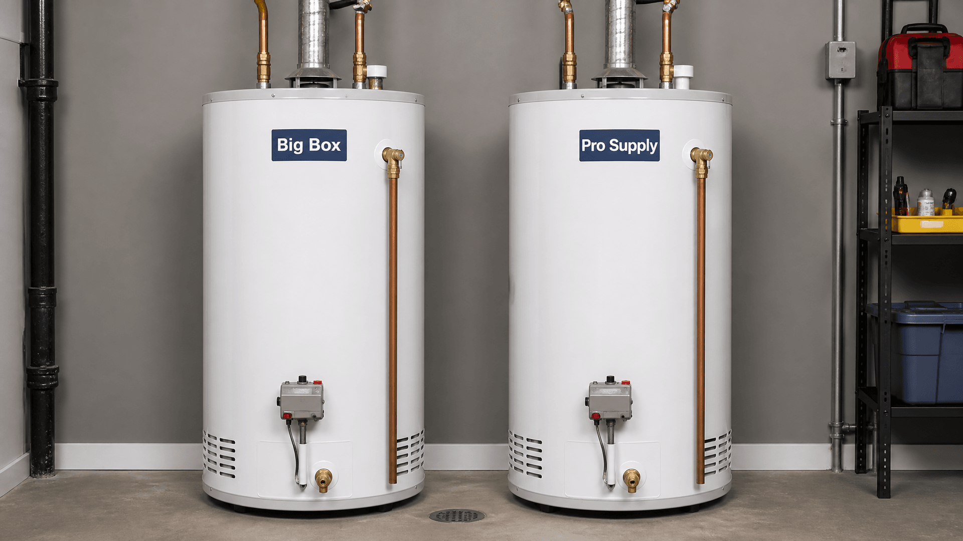Two identical-looking water heaters side by side — one from a big box store, one from a contractor supply house