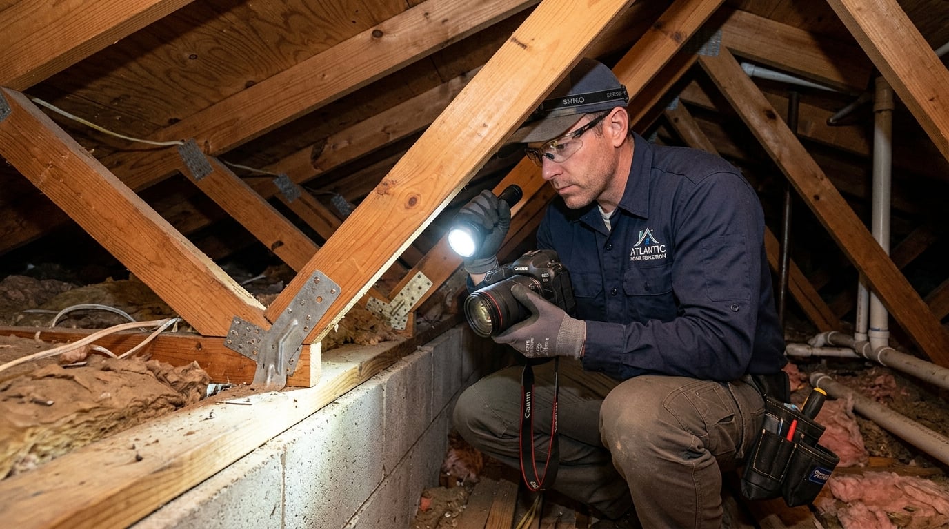 Inspector examining a roof-to-wall connection in an attic during a wind mitigation inspection