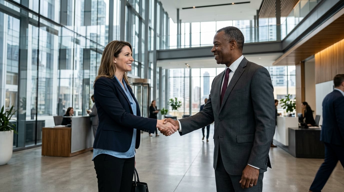 Business professionals shaking hands after choosing a commercial inspection partner
