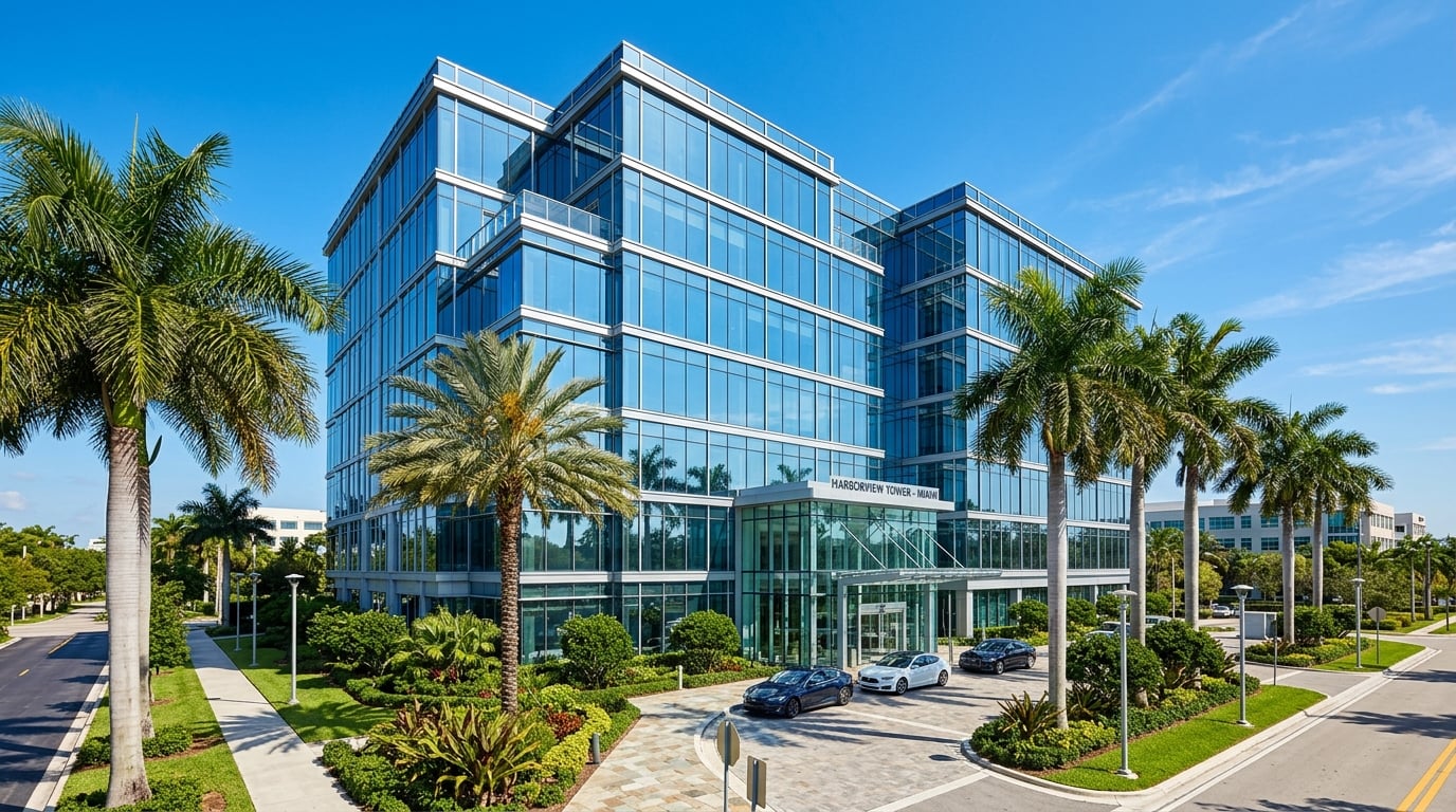 Modern commercial office building in Florida with glass facade and palm trees