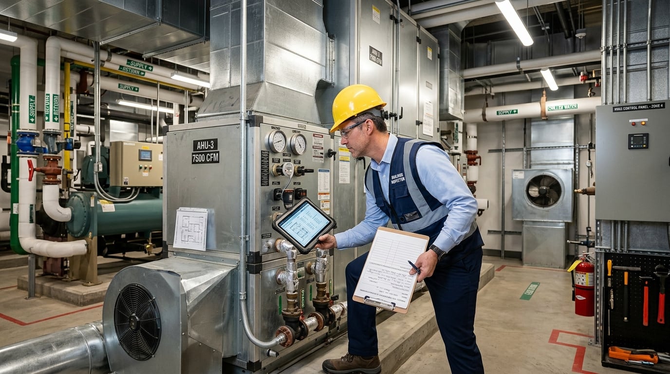 CCPIA certified inspector examining commercial HVAC systems with professional equipment