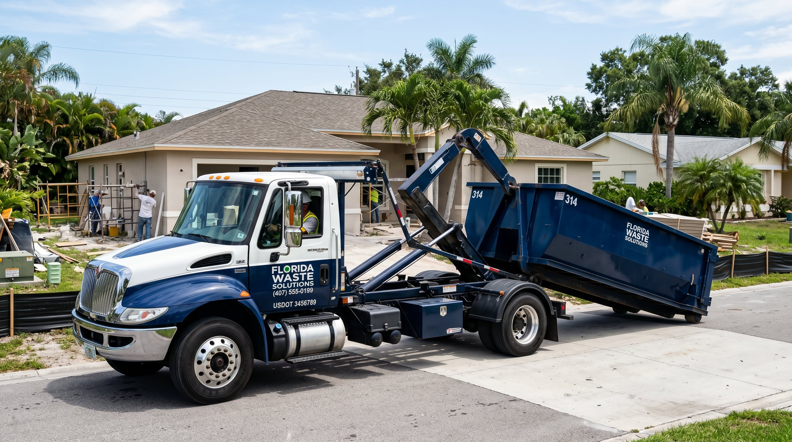 Rollback truck delivering a dumpster