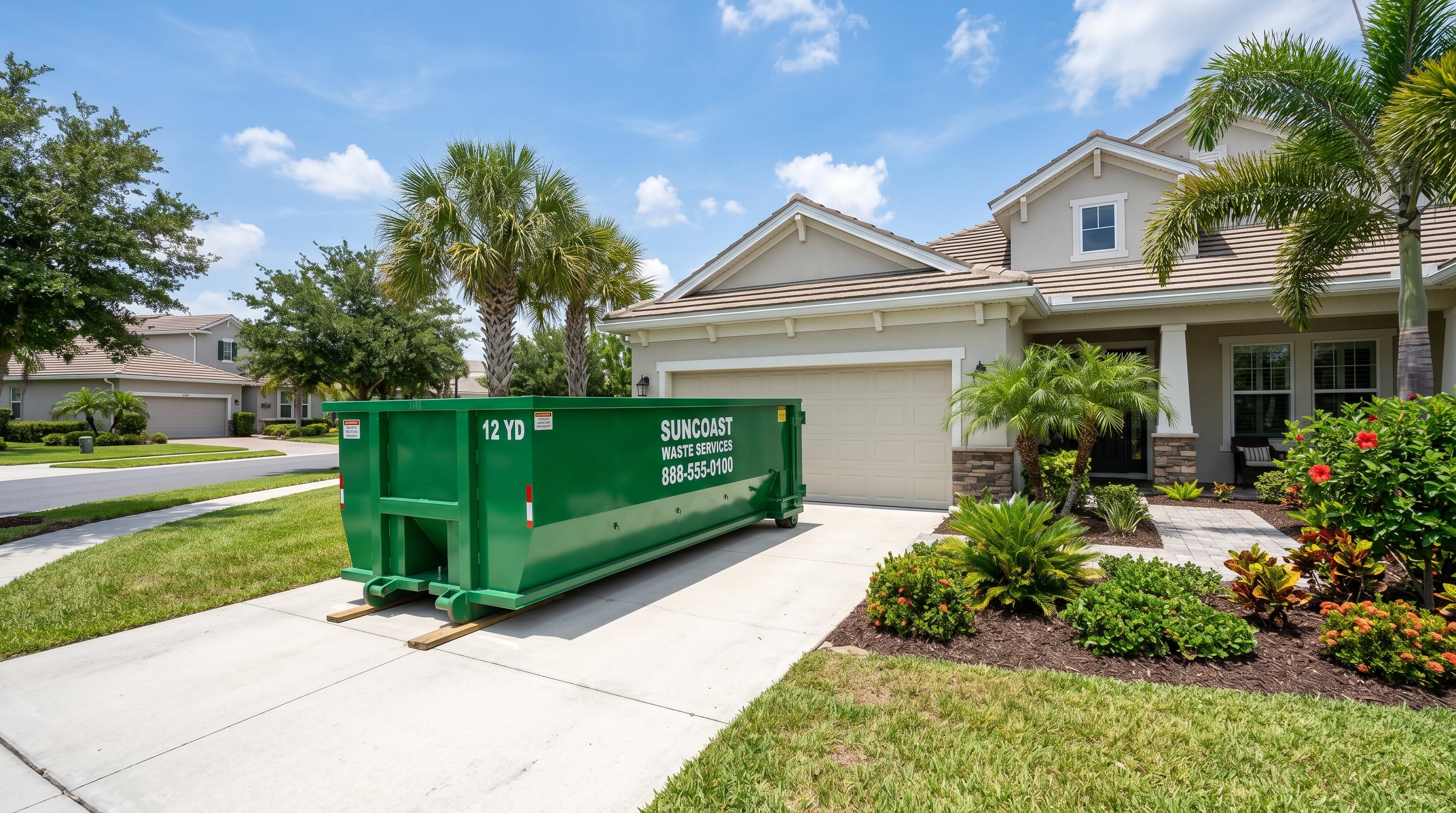 Clean roll-off dumpster on a residential driveway