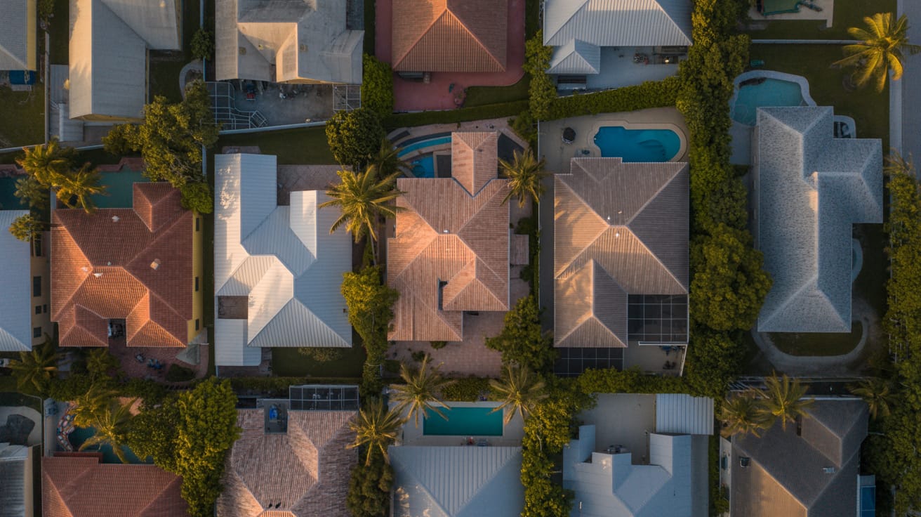 Aerial drone view of Florida neighborhood rooftops