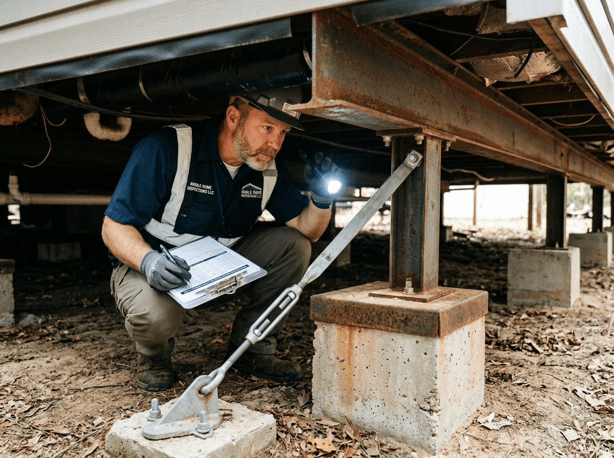Home inspector examining the foundation piers, anchors, and tie-down straps beneath a manufactured home
