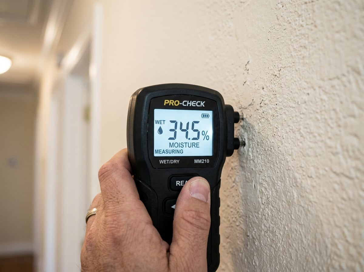 Close-up of a moisture meter reading being taken on an interior wall