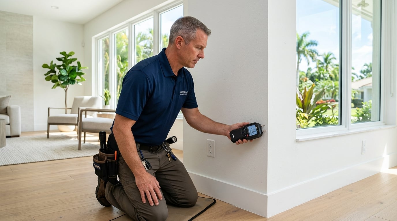 Home inspector using a moisture meter to check an interior wall for mold and moisture