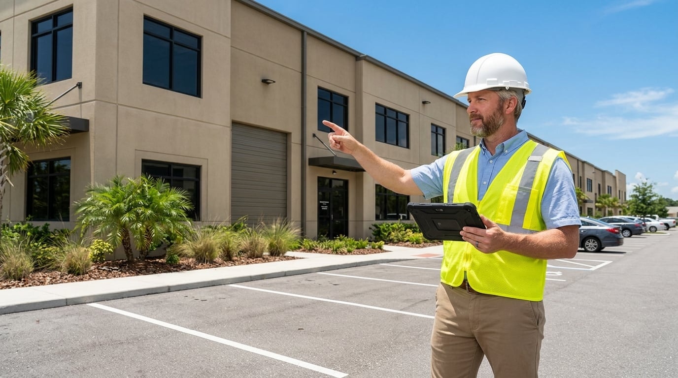 Environmental professional conducting a Phase I site assessment at a Florida commercial property