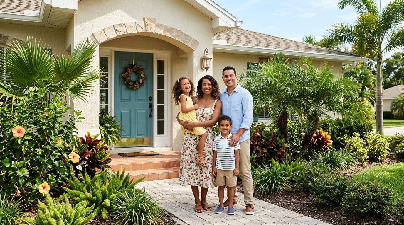 Happy family standing proudly in front of their protected Florida home