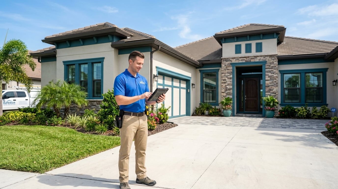 Professional home inspector documenting property with tablet technology