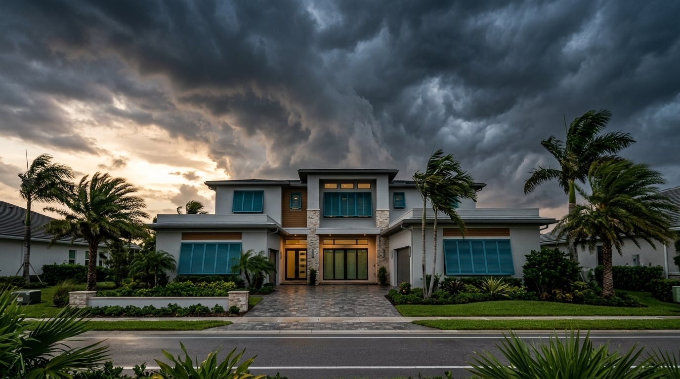 Florida home prepared for hurricane with storm shutters secured