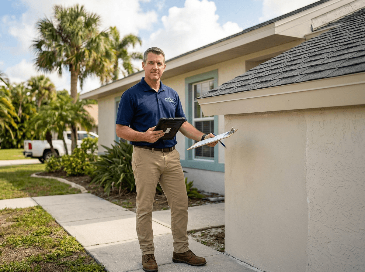 Licensed Florida home inspector verifying a repaired section of a home exterior