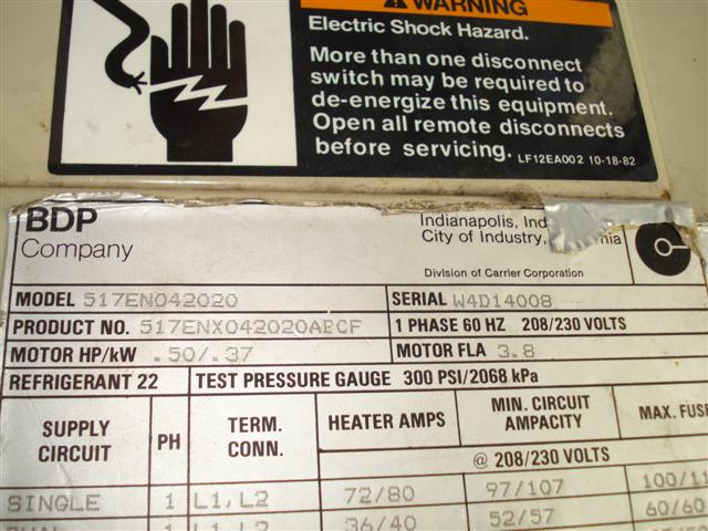 Unit data plate - manufacturer, model, and capacity confirmed