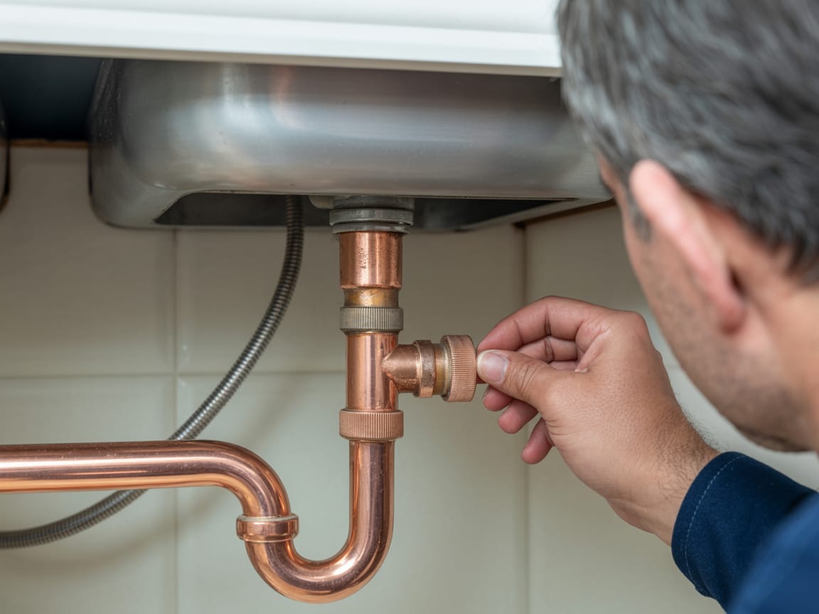 Pipe fitting detail - compression fitting connection verified secure