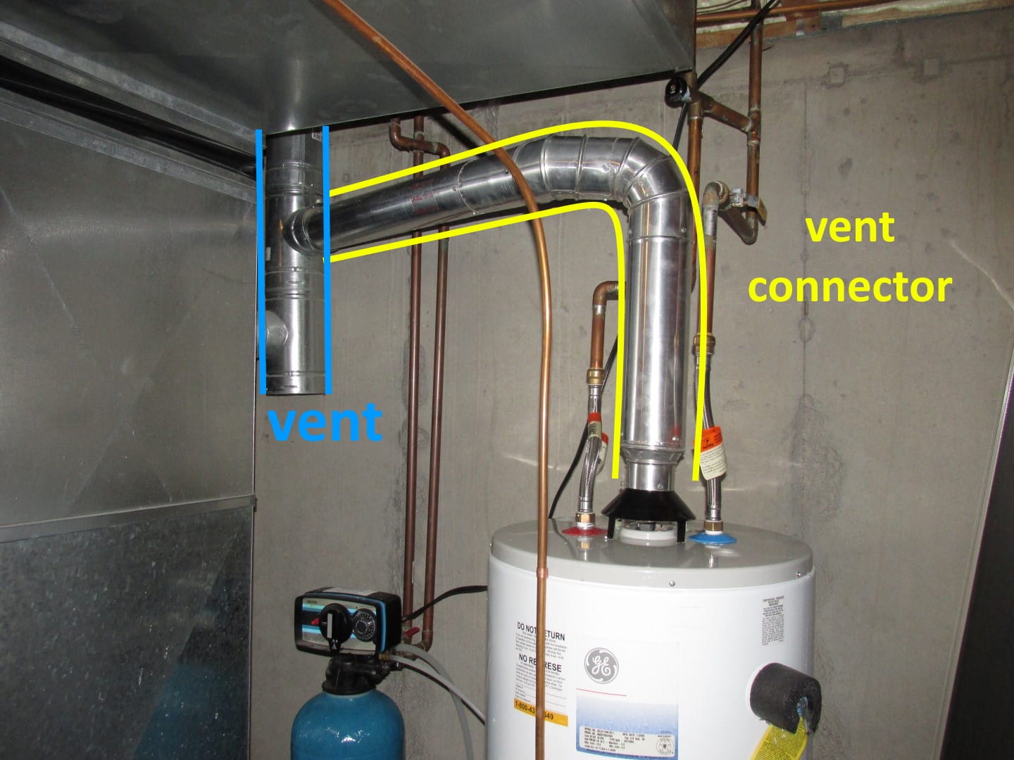 Full installation - water heater with vent connector and connections visible