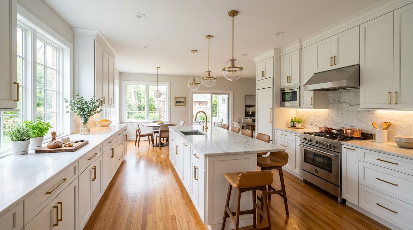 Premium modern kitchen with white shaker cabinets and marble countertops