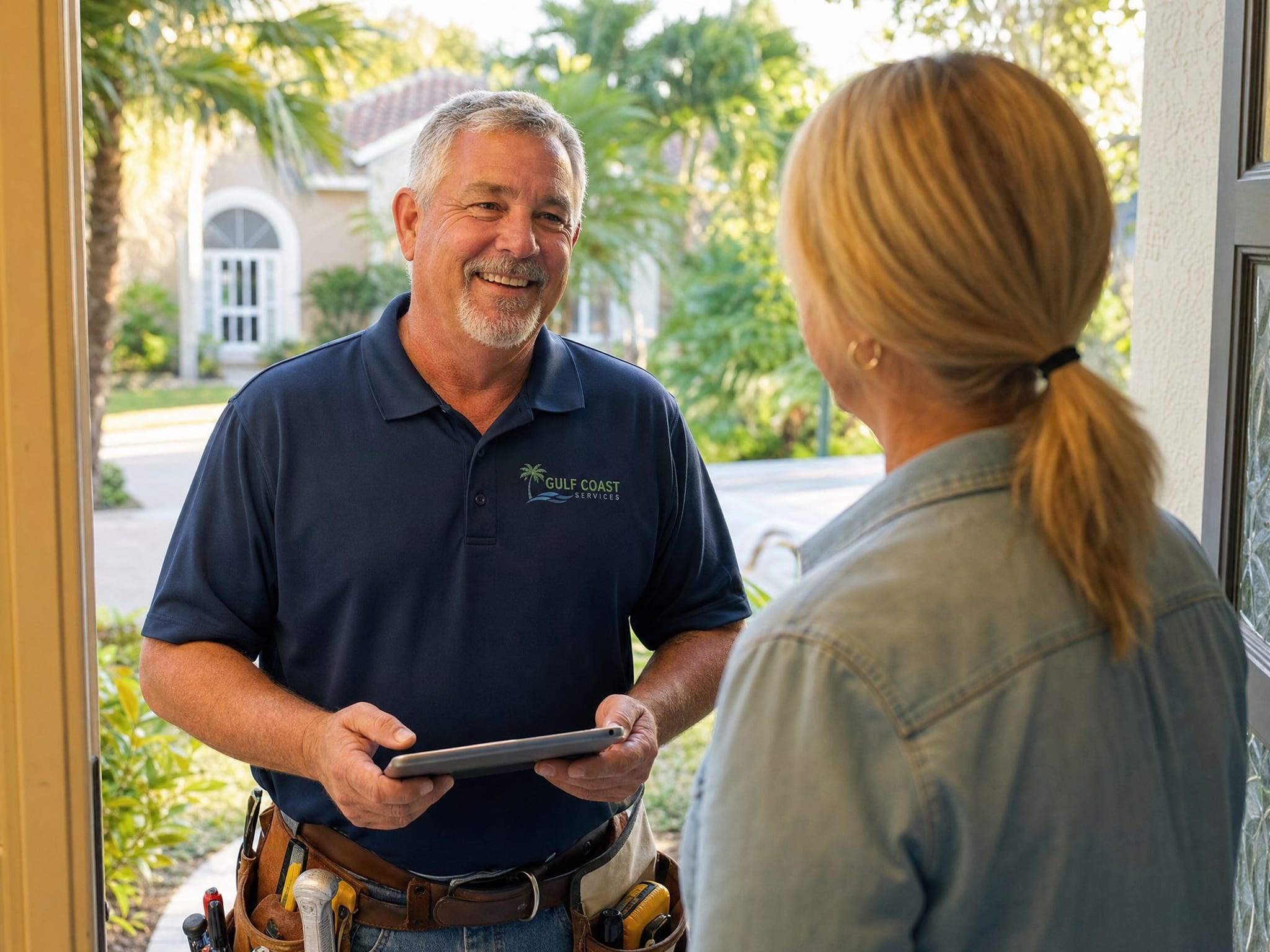 Friendly local contractor having a warm conversation with homeowner at their front door