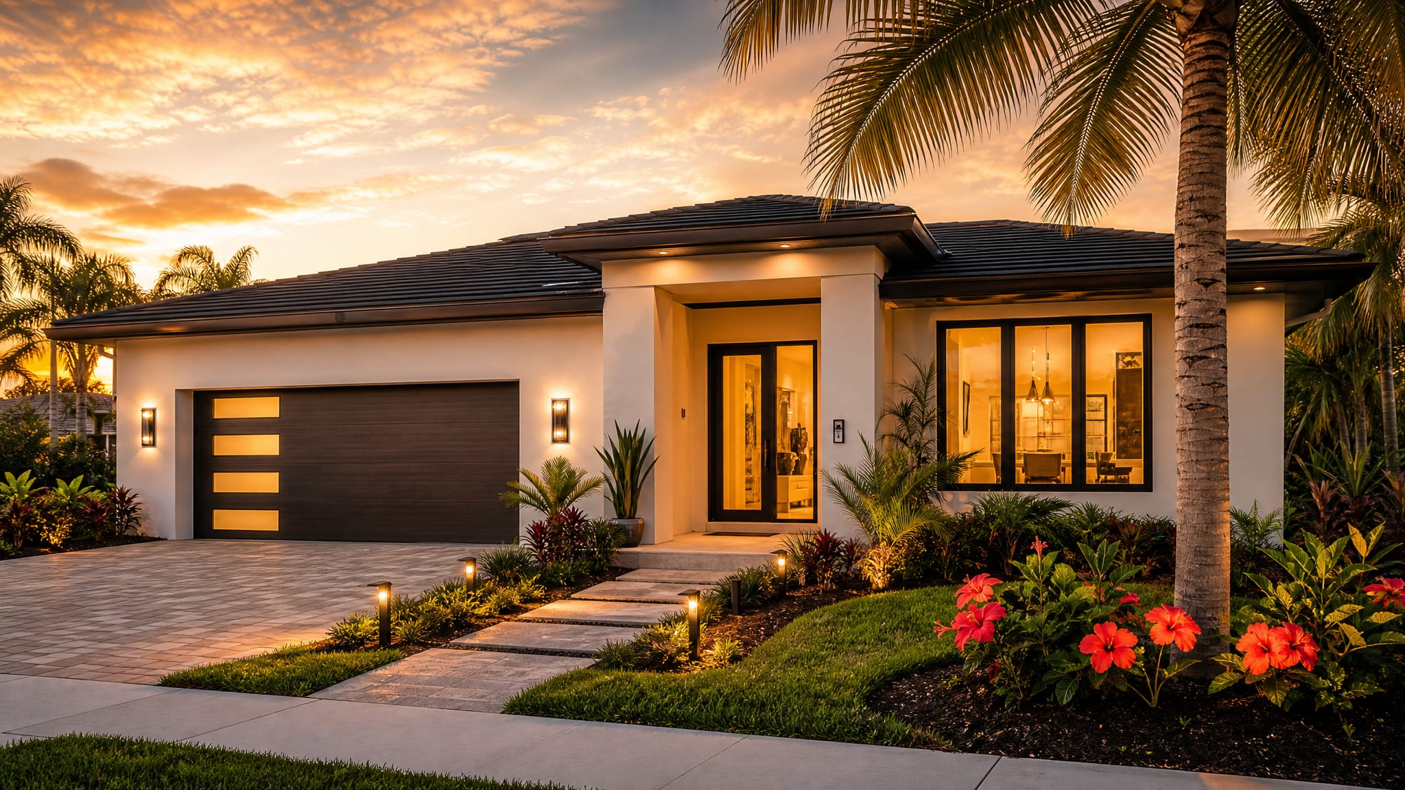Beautiful Florida home with smart home features and modern fixtures at golden hour