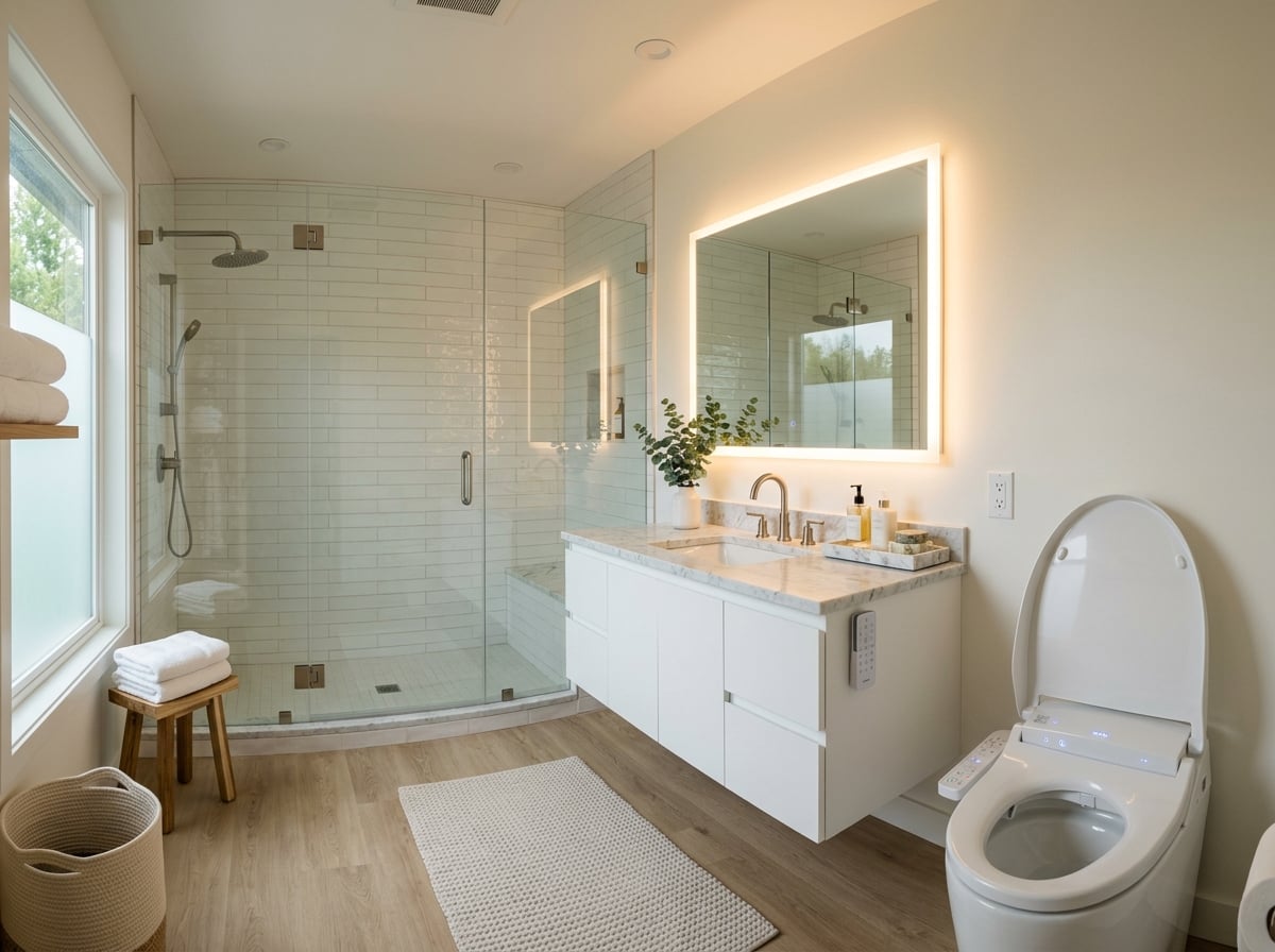 Premium modern bathroom featuring HOROW smart toilet, floating vanity, and walk-in shower