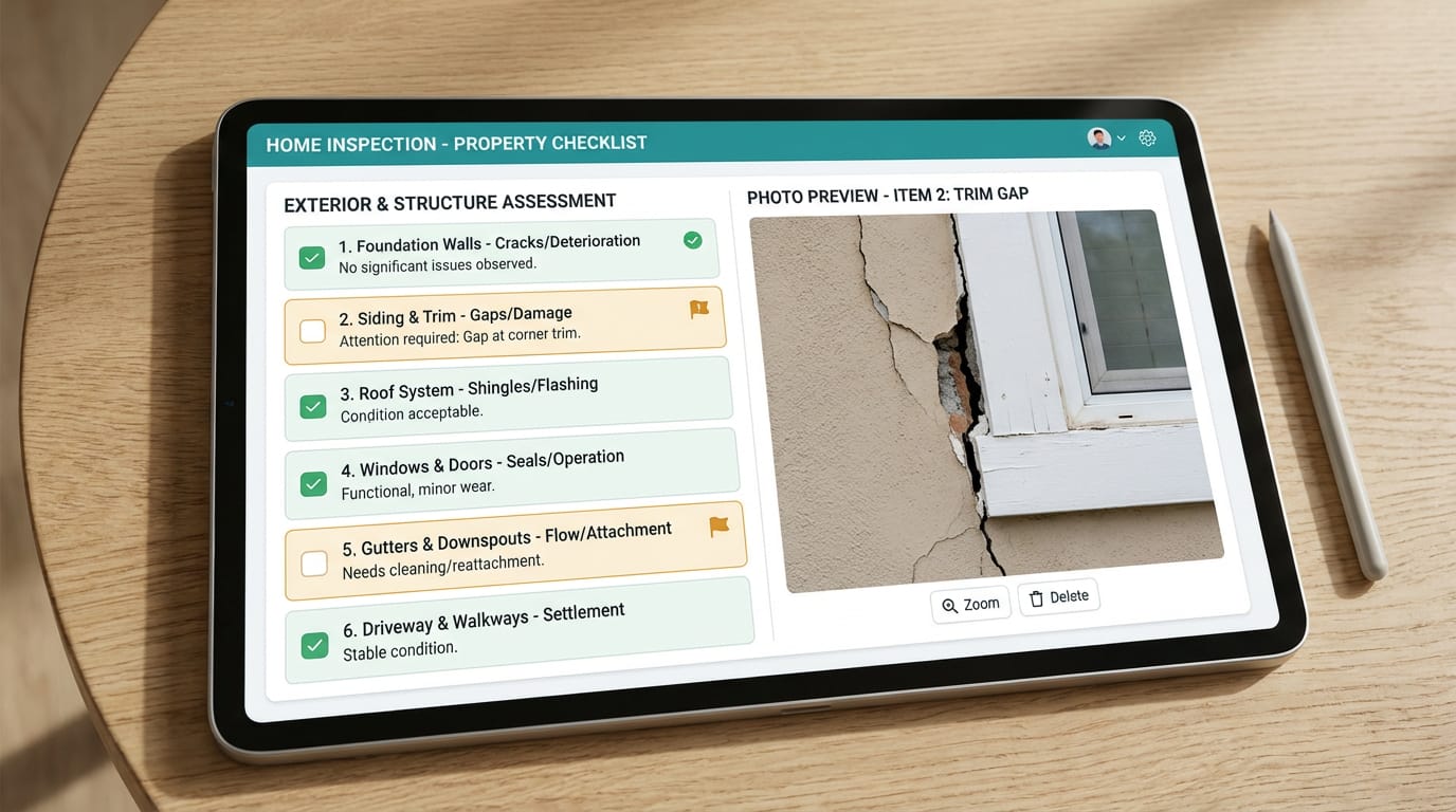 Tablet showing line-by-line inspection checklist with green checkmarks and amber attention flags alongside detail photos