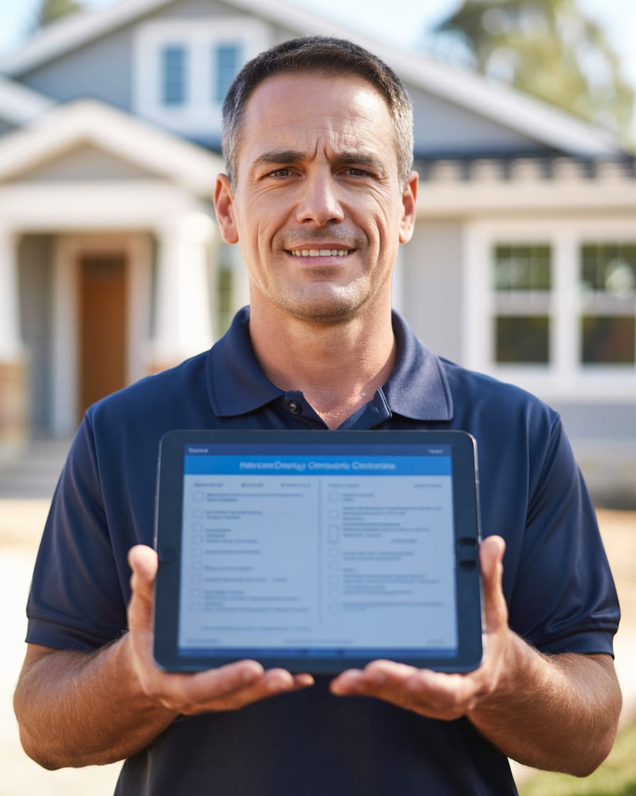 Certified home inspector with tablet inspecting a new-construction home before the builder warranty expires