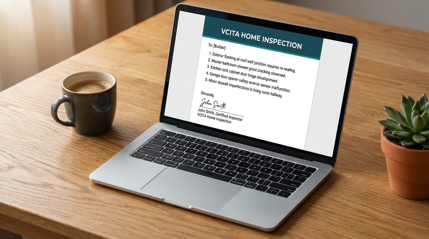 Laptop displaying a formatted warranty letter to the builder citing each deficiency with Vcita Home Inspection letterhead