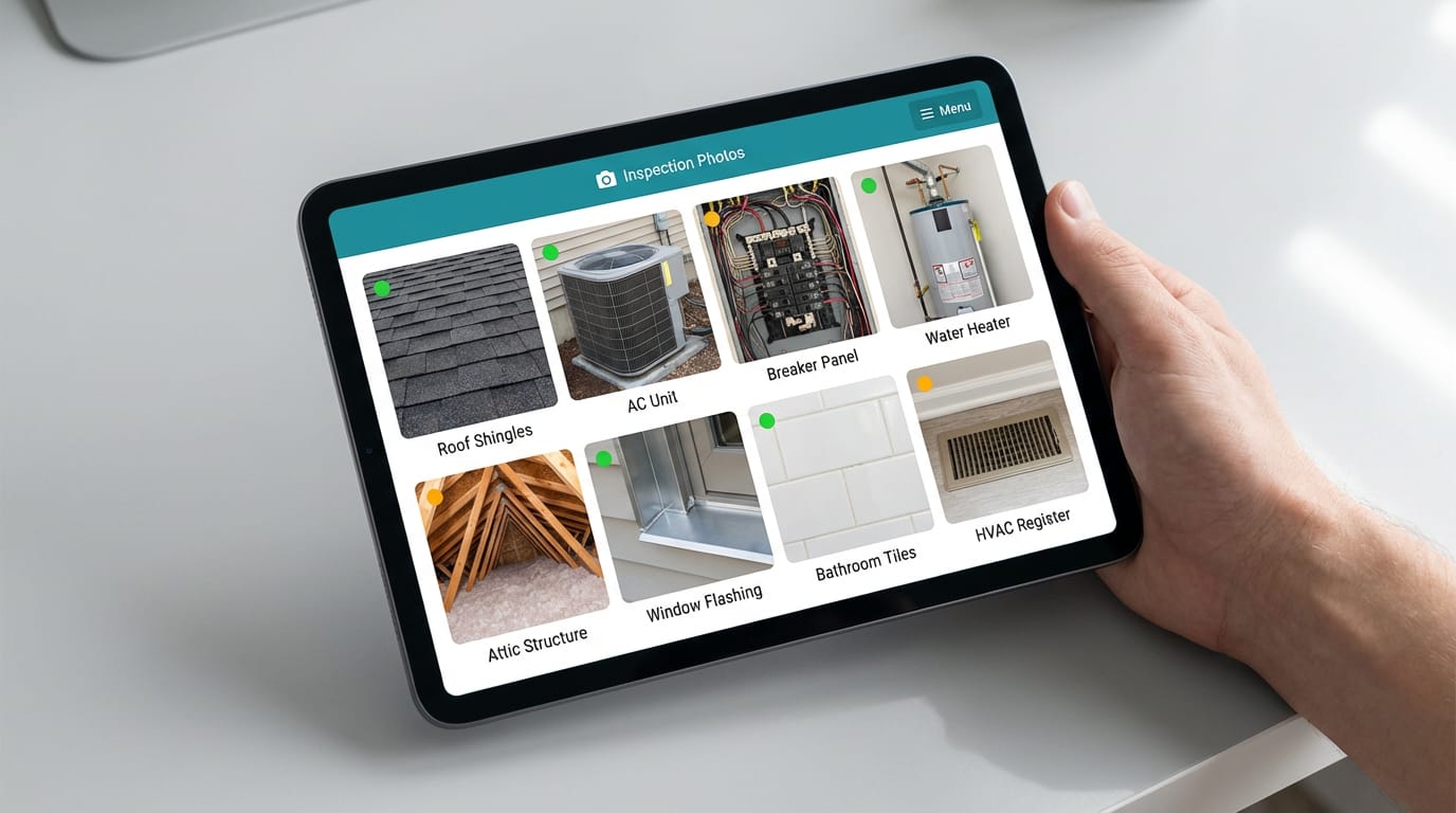 Tablet showing inspection photo grid with 8 thumbnails covering roof, HVAC, electrical, plumbing, attic, and interior finishes