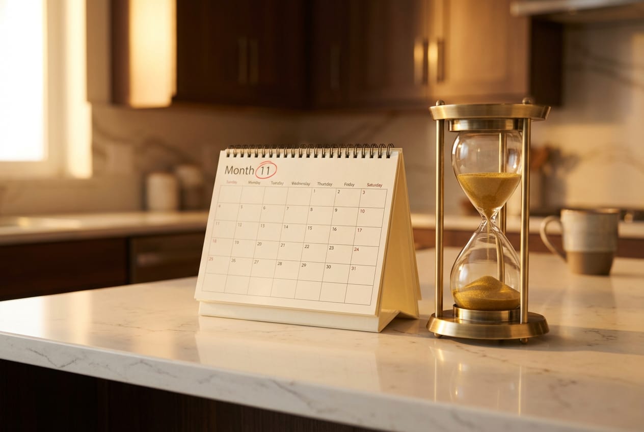Desk calendar with Month 11 circled in red and brass hourglass showing warranty expiration window closing