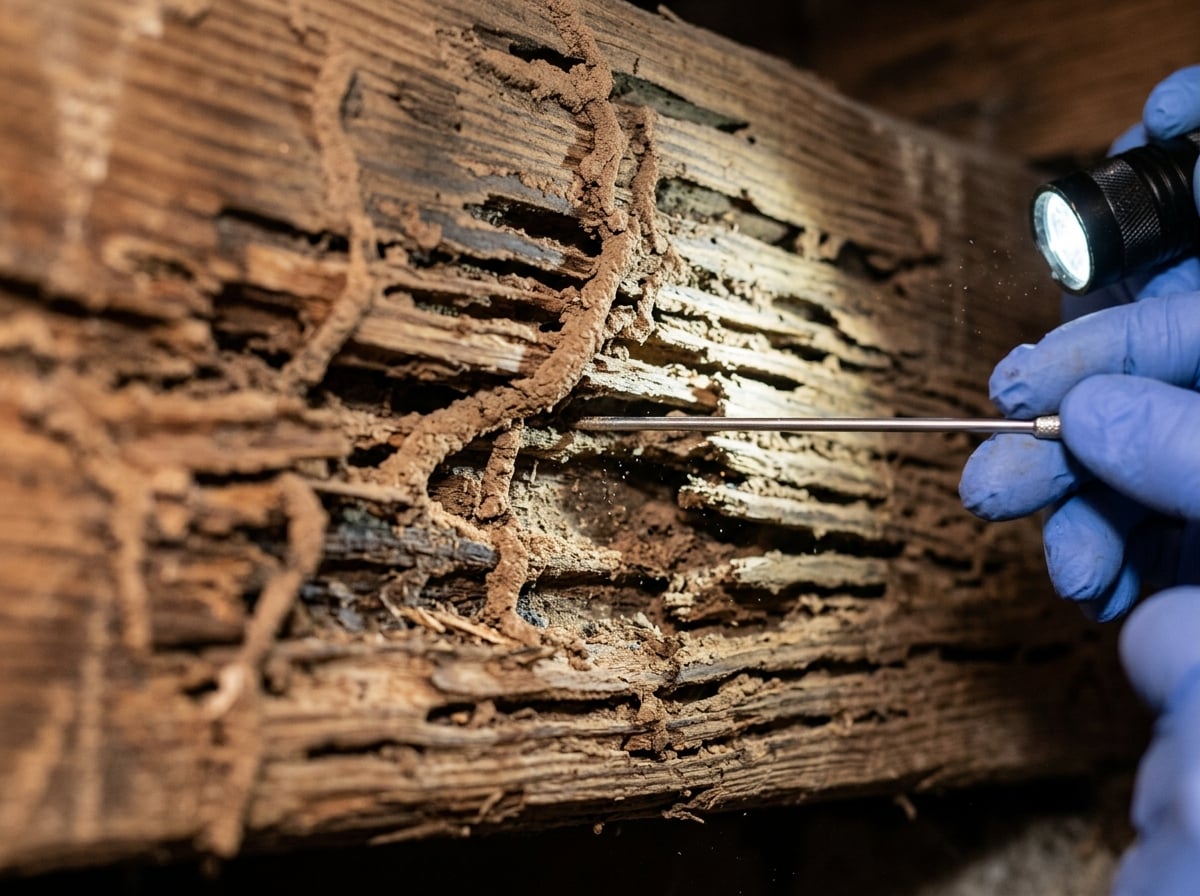 Close-up of termite damage and mud tubes on wood being inspected