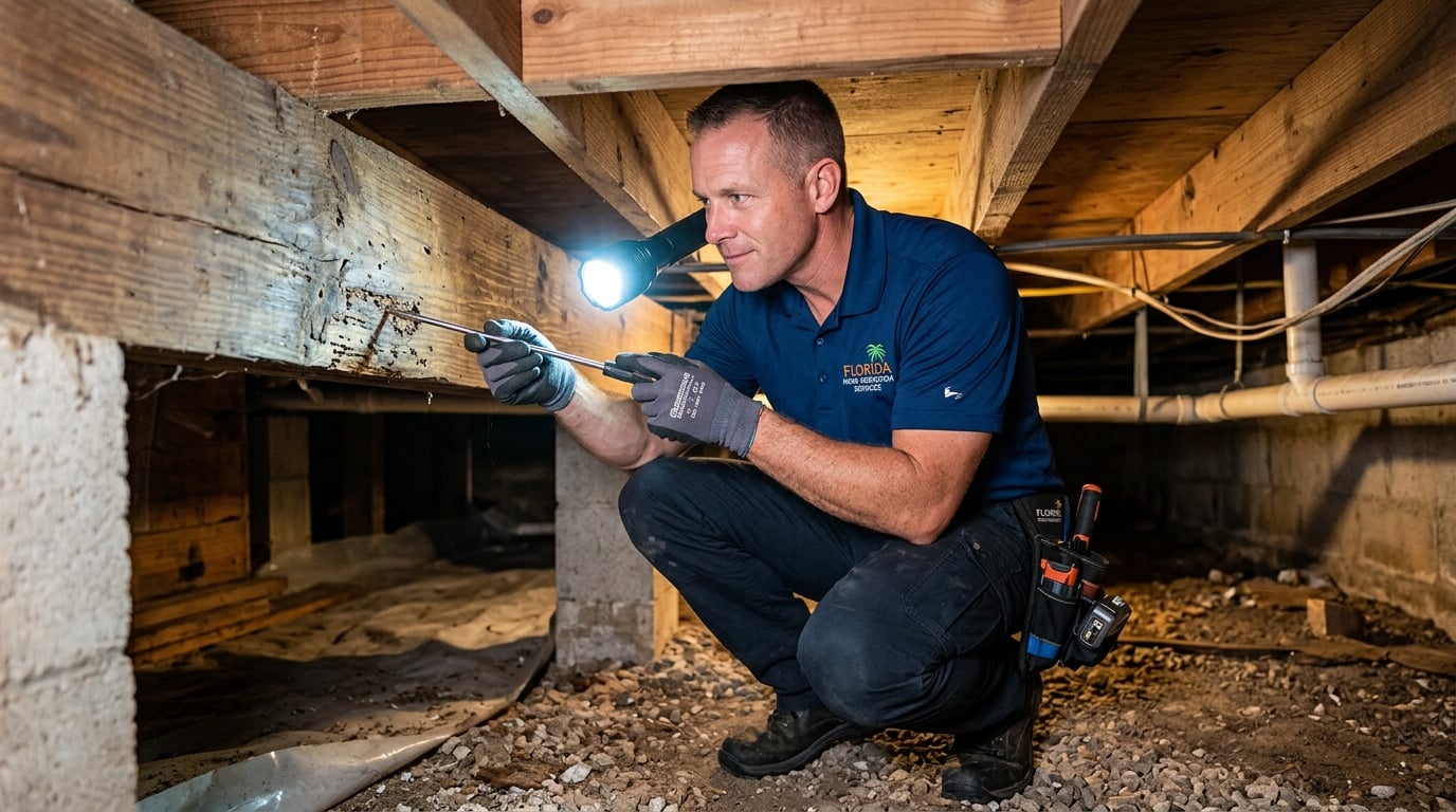 Home inspector examining wooden framing for termite and wood-destroying-organism damage